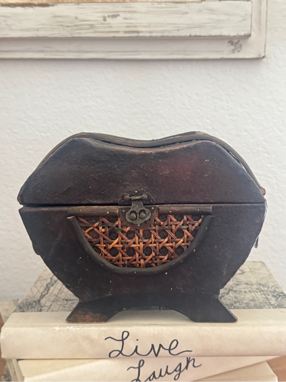 Vintage Inspired Brown Decorative Wicker Wood Chest Box Woven Accent